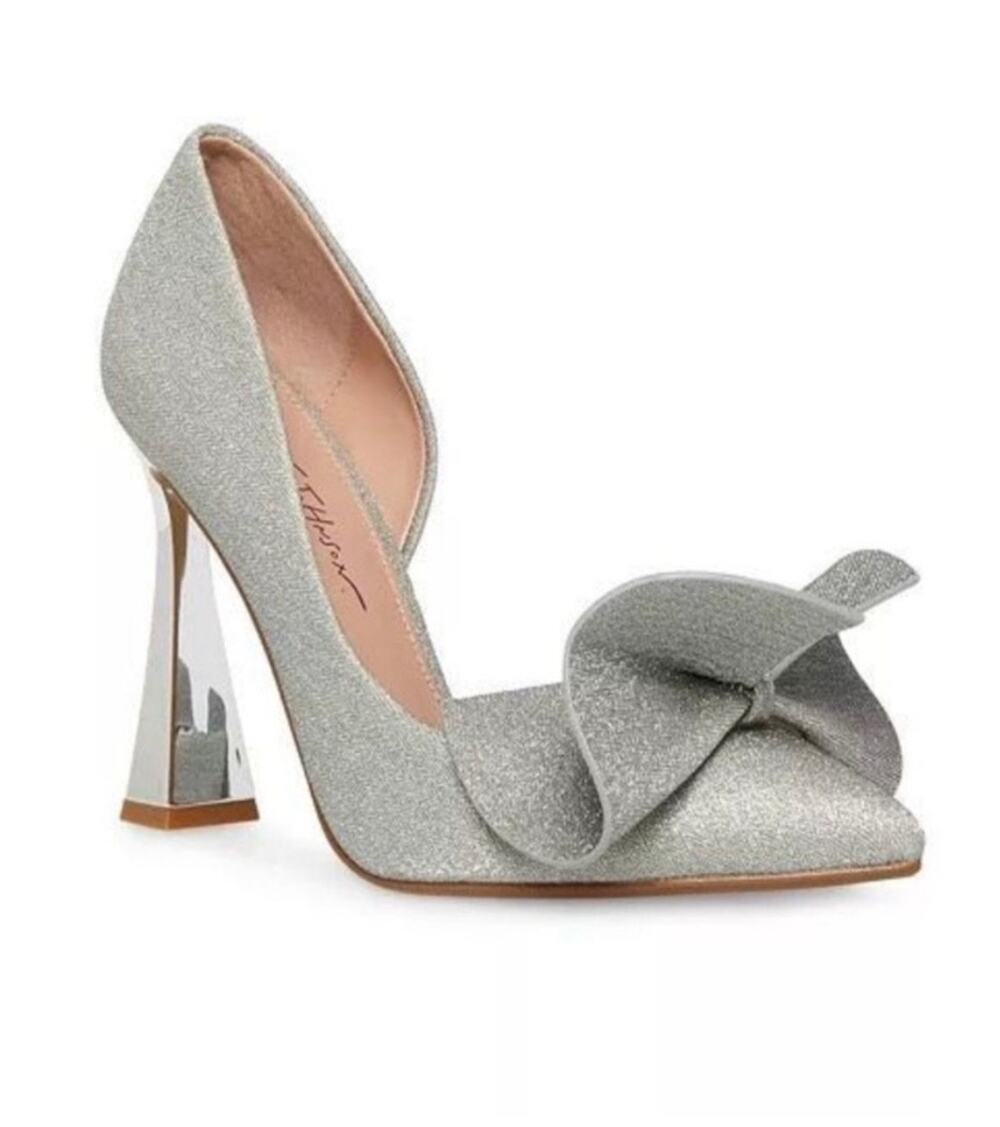 Betsey Johnson Nnobble Sculpted Silver Glitter Bow Pointed Toe Pumps Heels 8.5
